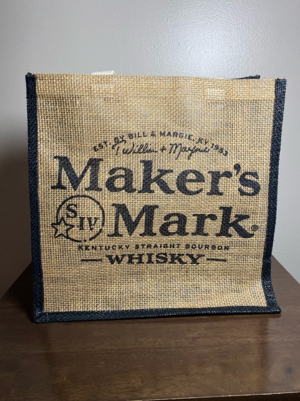 Marker’s Mark Whiskey Burlap Tote Bag in Natural with Black 12.5 x 13.5 Lined - Picture 1 of 6